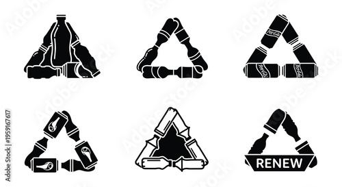 Recycling symbol constructed from plastic bottles and aluminum cans