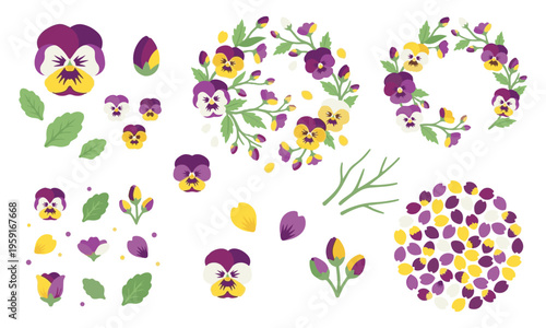 華やかなパンジー（三色スミレ）の花と花びらのイラストセット。おしゃれなフレームやパーツの詰め合わせ