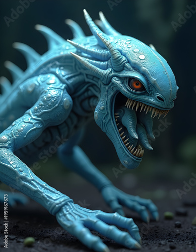 Alien creature close up, blue fantasy monster with sharp teeth and glowing eye, sci fi character design, detailed skin texture, horror concept, futuristic beast macro shot