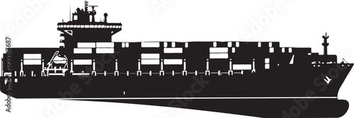 Cargo ship, container vessel, freight boat, black silhouette, vector illustration