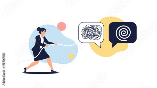 Businesswoman pulling a rope towards herself to untangle a messy thought bubble into a clean spiral for problem solving.