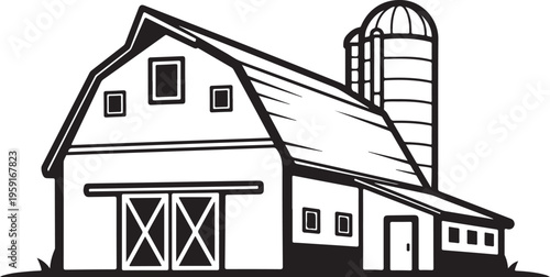 Farm barn, rural landscape, vector illustration, black and white