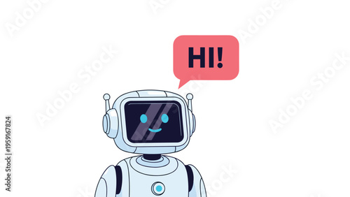 Friendly white robot avatar with a digital face saying hi in a pink speech bubble against a clean white background.