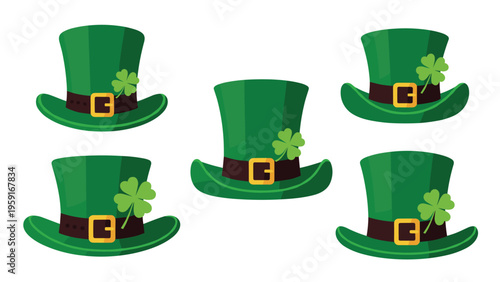 Collection of five green leprechaun hats with gold buckles and lucky shamrocks for Saint Patrick Day celebration.