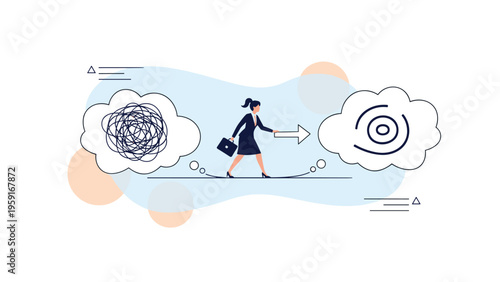 Professional woman walking while untangling a messy thought into a structured spiral to represent clarity and vision.