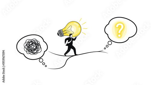 Businessman walking on a tightrope while carrying a giant lit lightbulb to untangle a messy thought into a question mark.