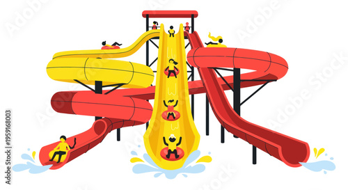 Summer Fun: People Enjoying Water Slides at Amusement Park