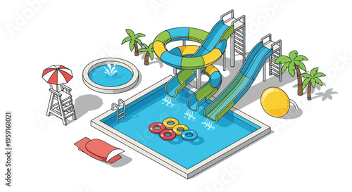Summer Water Park Fun: Slides, Pool, Lifeguard Station, Palm Trees