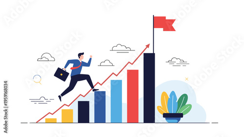 Motivated businessman runs up a rising bar chart towards a red flag on top representing goals achievement and career success.