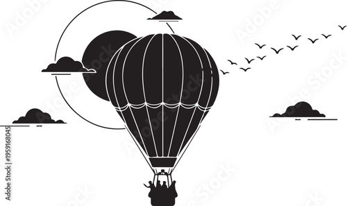 Black hot air balloon, vector illustration, travel icons, adventure symbols