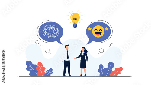 Man and woman shake hands while exchanging symbols of a chaotic problem and a happy solution under a bright lightbulb idea.