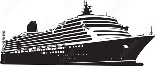 Cruise ship, ocean liner, black silhouette, vector illustration, travel, tourism