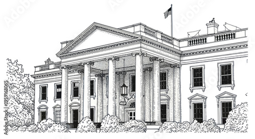 White House Facade Ink Drawing - Iconic US Government Building Illustration