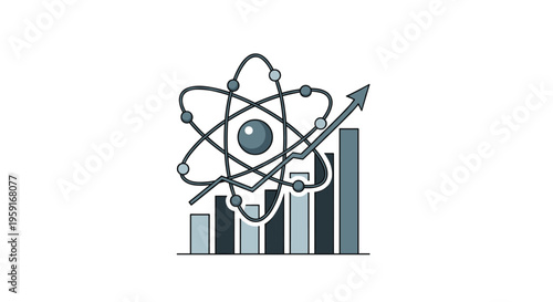 A stylized atom icon with orbiting electrons is placed above a bar chart showing an upward trend line and increasing grey and blue bars on a light background.