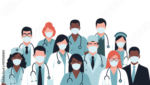 Large group of diverse medical staff wearing protective face masks and uniforms representing unity and safety in healthcare.