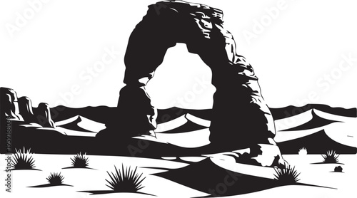 Black and white desert landscape, natural arch vector, sandstone formation, monochrome illustration