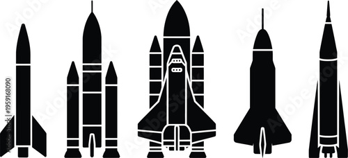 Rocket collection vector icon set, minimalist black and white rocket shuttle and missile silhouettes ideal for aerospace, space science, and technology-themed illustrations and UI design.