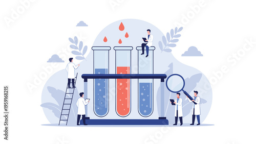 Scientific researchers working with large lab equipment and test tubes filled with colorful chemicals for medical and vaccine discovery.