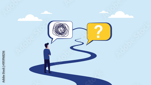 Man standing on a winding path looking at speech bubbles with scribbles and a question mark symbolizing a difficult life decision.