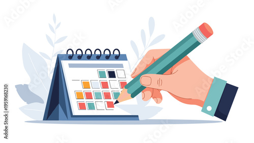 Close up view of a person using a pencil to mark important dates on a desk calendar for effective schedule and time management.