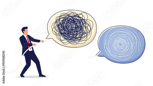 Professional man simplifying complex ideas by pulling a string from a tangled mess to create a neat spiral inside speech bubbles.