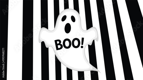 Playful white ghost with the word boo on its chest floating against a black and white striped background for Halloween graphics.