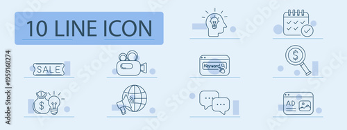 Marketing set icon. Outline promotion symbols, sale sign, video camera, keyword search, analytics chart, lightbulb idea, calendar check, megaphone, global advertising, chat communication