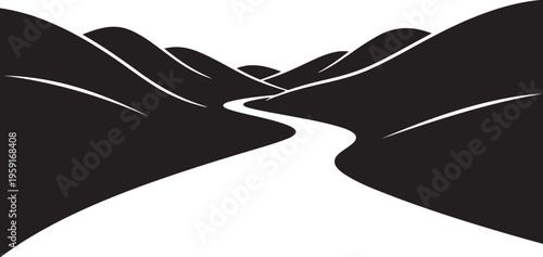 Black hills, winding road, landscape silhouette, vector illustration