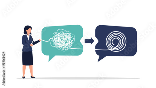 Business professional woman untangling a messy speech bubble to create a neat spiral representing effective communication skills.