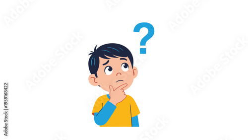Curious young boy looking up at a blue question mark with a thoughtful expression representing childhood learning and discovery.