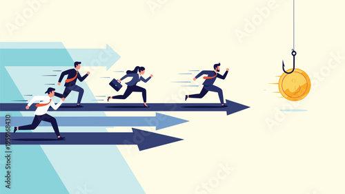Corporate competition showing business people running on arrows towards a gold coin hook representing greed and financial goals.