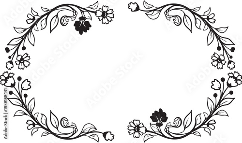 Floral wreath, vector illustration, black and white, line art, decorative border