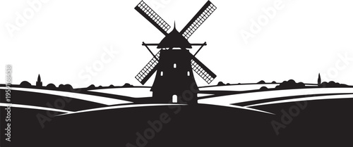 Windmill silhouette, black windmill, rural landscape, vector icon