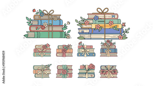 An illustration of multiple stacks of books wrapped with ribbons and adorned with bows and flowers in various colors.
