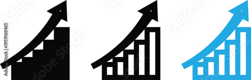 Bar chart with upward arrow icon showing revenue growth financial success and business analytics concept isolated on transparent background.
