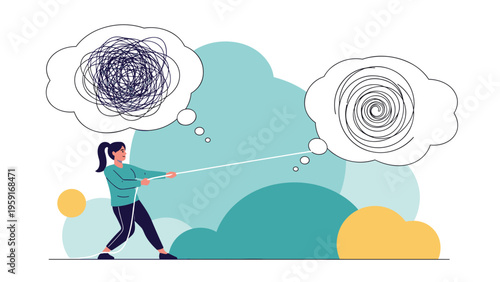 Young woman pulling a rope to transform a tangled thought into a clear spiral representing mental health and organized thinking.