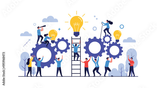 Collaboration in the workplace showing people using gears and ladders to reach a giant glowing light bulb for creative solutions.