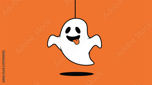 Cute white cartoon ghost with its tongue out hanging from a black string against a solid orange background for halloween.