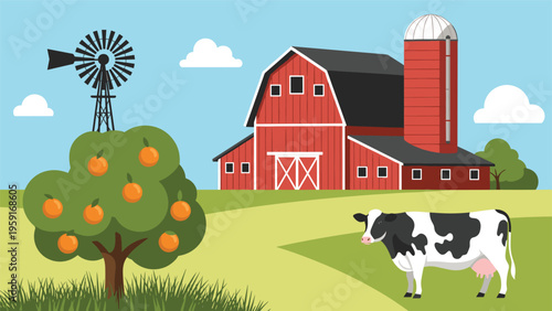 Rural farm landscape featuring a red barn, a silo, a windmill, an orange tree, and a grazing cow under a blue sky.