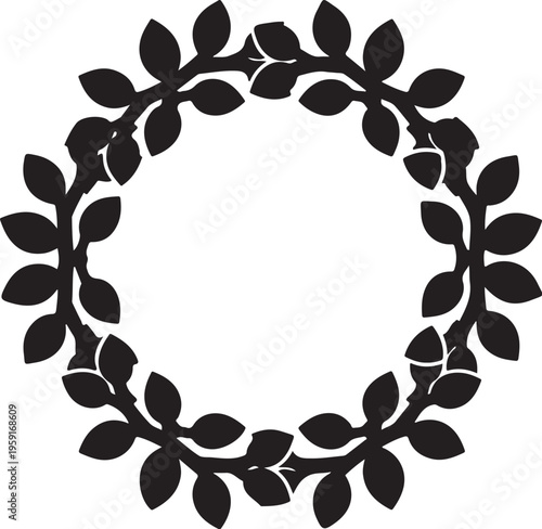 Black leaf wreath, circular laurel frame, foliage border, vector illustration