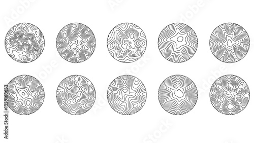Set of ten circular topographic contour maps representing different abstract terrains or fingerprints in black and white.