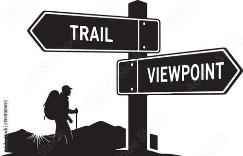 Hiking trail signpost, viewpoint direction, black silhouette icon, adventure symbol, outdoor navigation