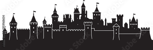 Black castle silhouette, medieval fortress, tower skyline, vector illustration
