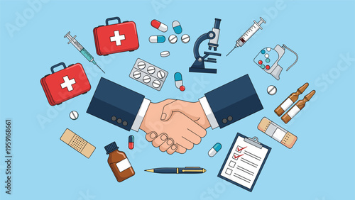 Handshake between two business people surrounded by various medical items like first aid kits, pills, and a microscope.