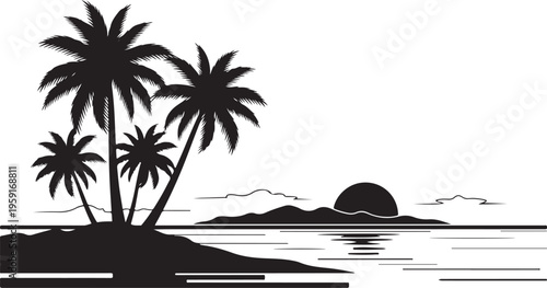 Tropical island, palm trees, sunset silhouette, black vector icon, landscape