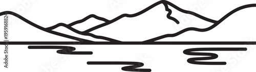Minimalist mountain range landscape, simple black outline, vector illustration, scenic view