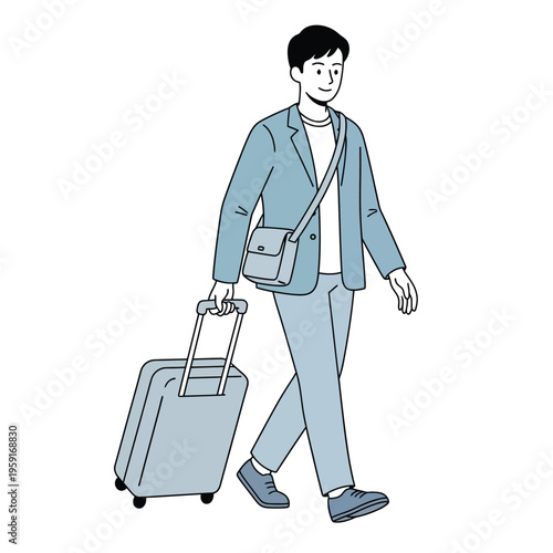 Man walking with suitcase, travel journey and vacation concept.