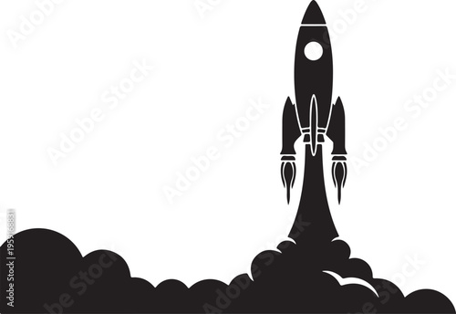 Rocket launch silhouette, space shuttle icon, black vector graphic, astronomy symbol