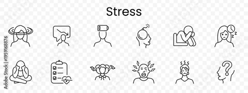 Stress set icon. Outline mental pressure symbols, dizzy head, burnout battery, bomb thought, crying person, insomnia clock, meditation pose, checklist pulse, anger face, question profile