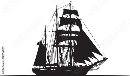 Sailing ship, vintage sailboat, black silhouette, nautical icon, vector illustration